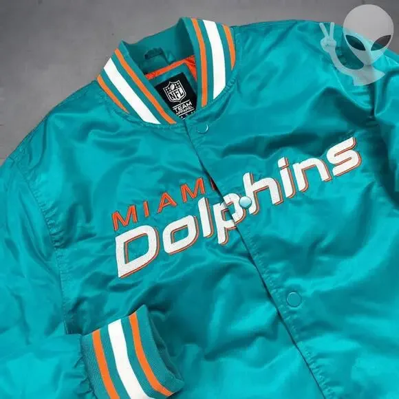 Miami Dolphins NFL Chalk Line Satin Bomber Jacket Small Teal Orange Varsity - Picture 2 of 8